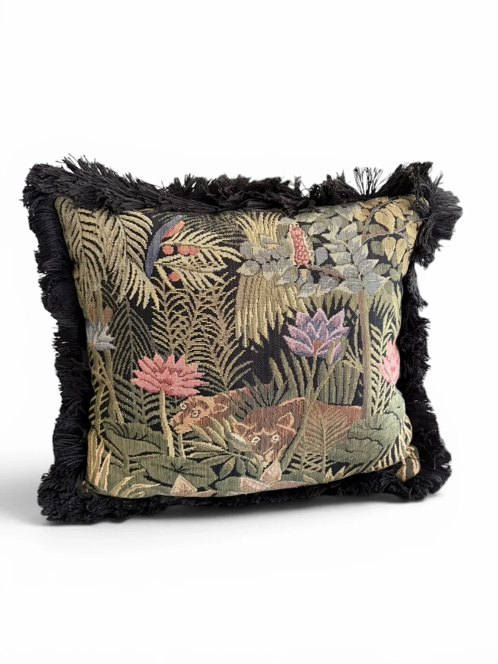 Vintage Black Floral and Animal Tapestry Accent Pillow